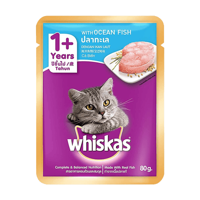 Whiskas® Wet Cat Food for Adult Cats (1+Years), Ocean Fish, 12 Pouches (12 x 80g)
